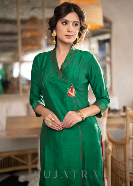 Party Wear Bottle Green Cotton Silk Cross Over Kurta with Zari Embroid –  Sujatra