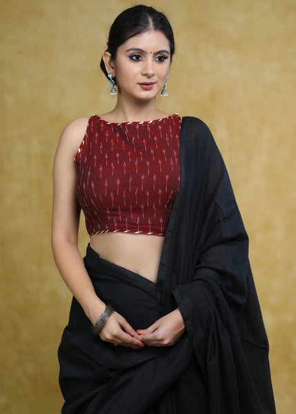 Elegant Maroon Ikaat Sleeveless Blouse with Golden Gota-Patti Detailin –  Sujatra