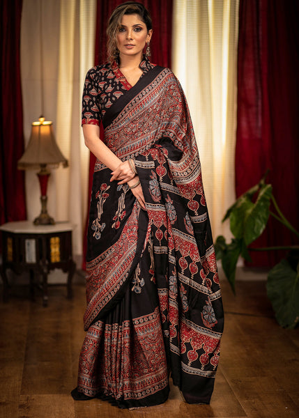 Exclusive modal silk hand block printed black Ajrakh saree – Sujatra