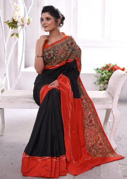 Black cotton silk saree with hand painted madhubani border & ikat