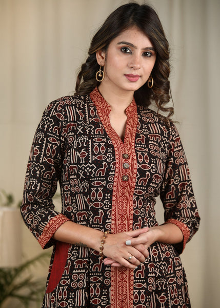 Exclusive maroon Ajrakh printed cotton one piece dress – Sujatra