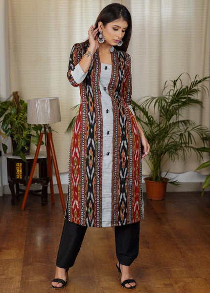 Elegant Straight Cut Kurta with Cotton Ikat and Cotton silk Combinatio –  Sujatra