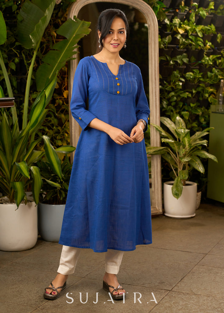 Royal Blue Cotton Kurta with Thread Works on Yoke with Pant - Stole Optional