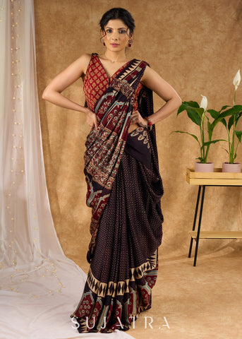 Timeless Modal Silk Ajrakh Hand Block Printed Black Saree