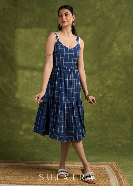 Plaid Navy Strappy Cotton Dress. Casual And Stylish With Bold Navy Checks