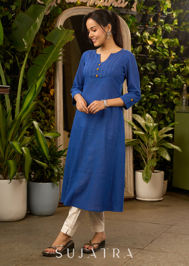 Royal Blue Cotton Kurta with Thread Works on Yoke with Pant - Stole Optional