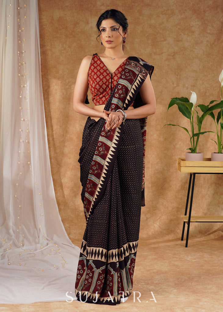 Timeless Modal Silk Ajrakh Hand Block Printed Black Saree