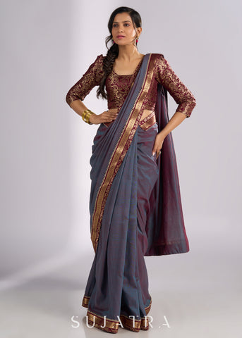 Sophisticated two tone grey cotton saree with Benarasi & zari details