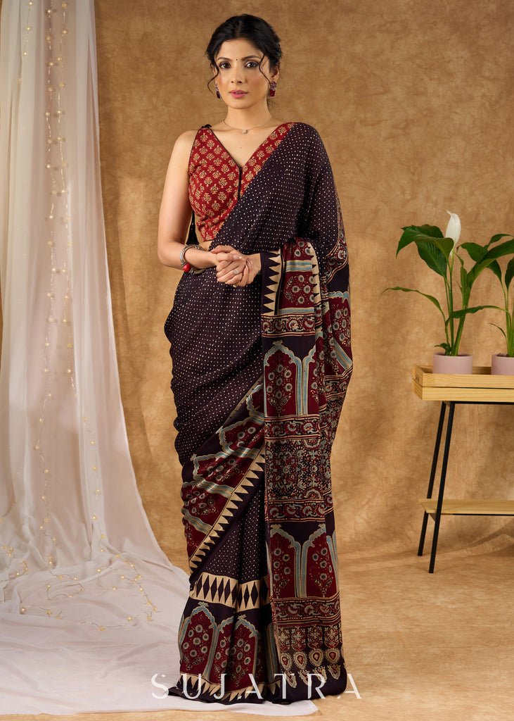 Timeless Modal Silk Ajrakh Hand Block Printed Black Saree