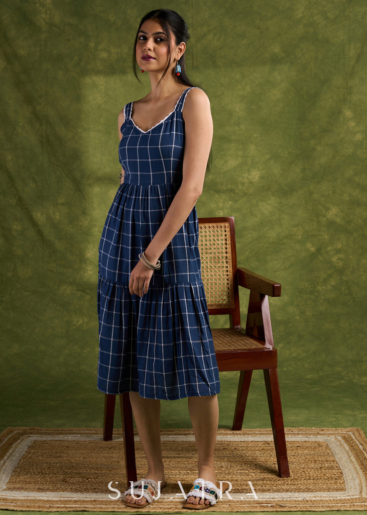 Plaid Navy Strappy Cotton Dress. Casual And Stylish With Bold Navy Checks