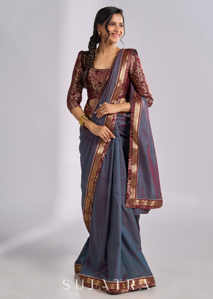 Sophisticated two tone grey cotton saree with Benarasi & zari details