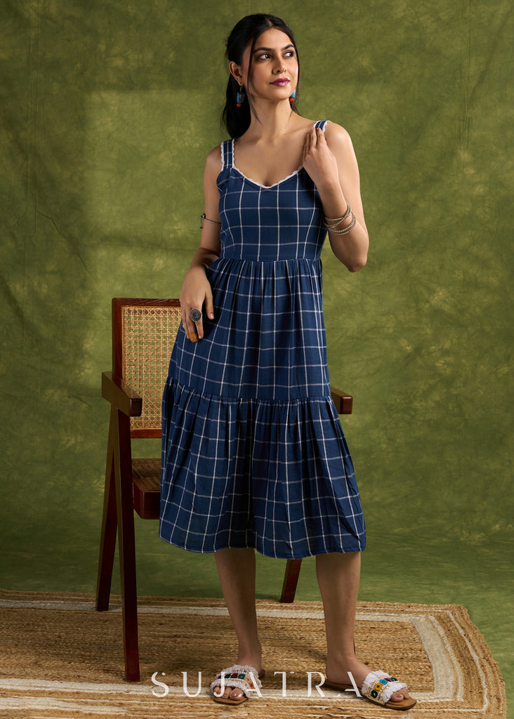 Plaid Navy Strappy Cotton Dress. Casual And Stylish With Bold Navy Checks