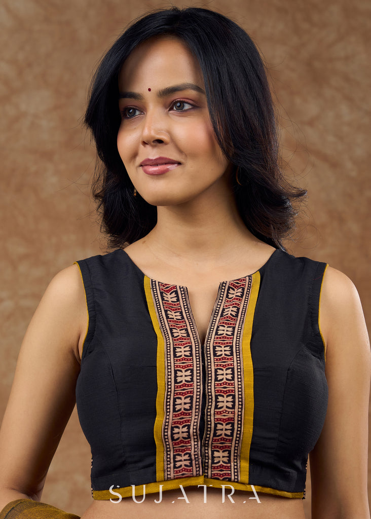 Black cotton silk blouse with striking Ajrakh borders and mustard accents