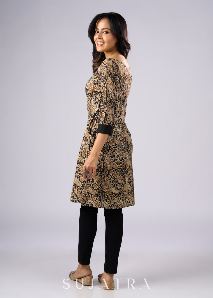 Stylish Black Cotton Tunic with Vibrant Kalamkari Print