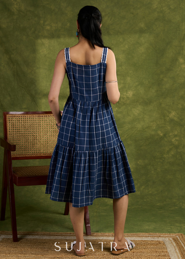 Plaid Navy Strappy Cotton Dress. Casual And Stylish With Bold Navy Checks