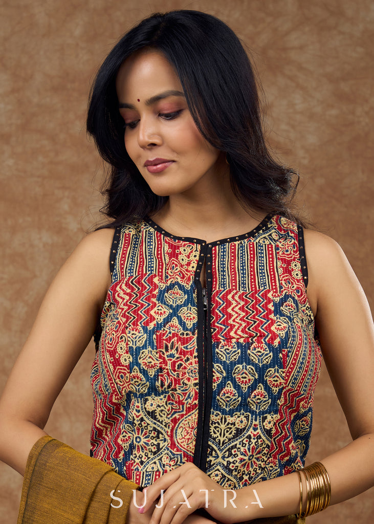 Modern Kantha sleeveless blouse featuring a statement front zipper & delicate stone work