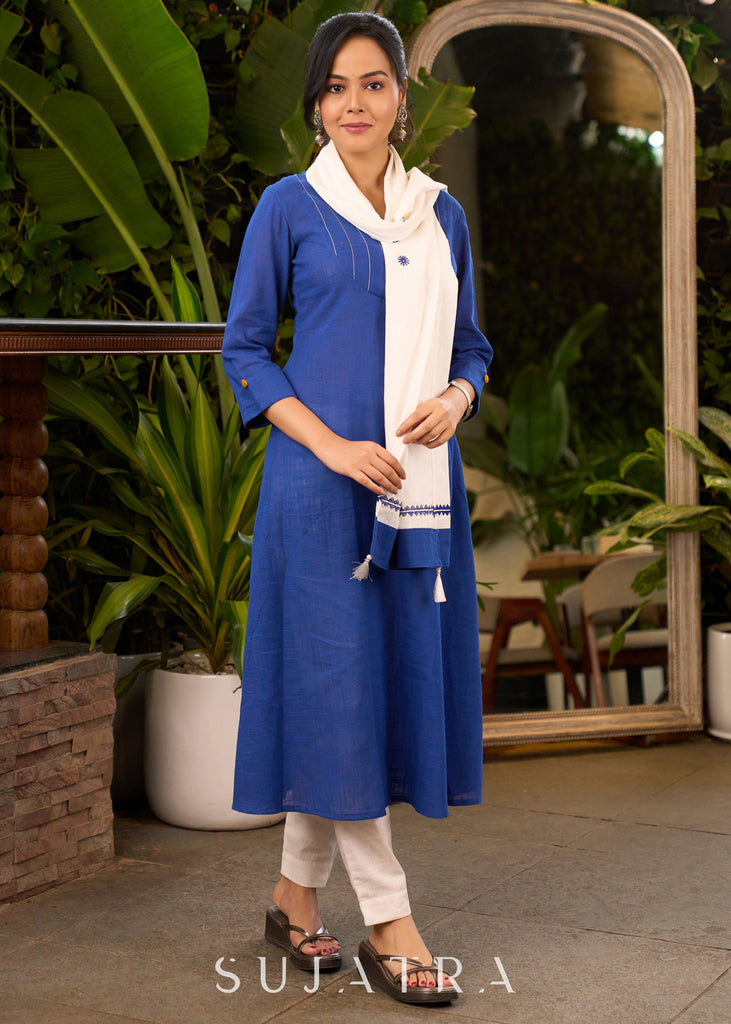 Royal Blue Cotton Kurta with Thread Works on Yoke with Pant - Stole Optional