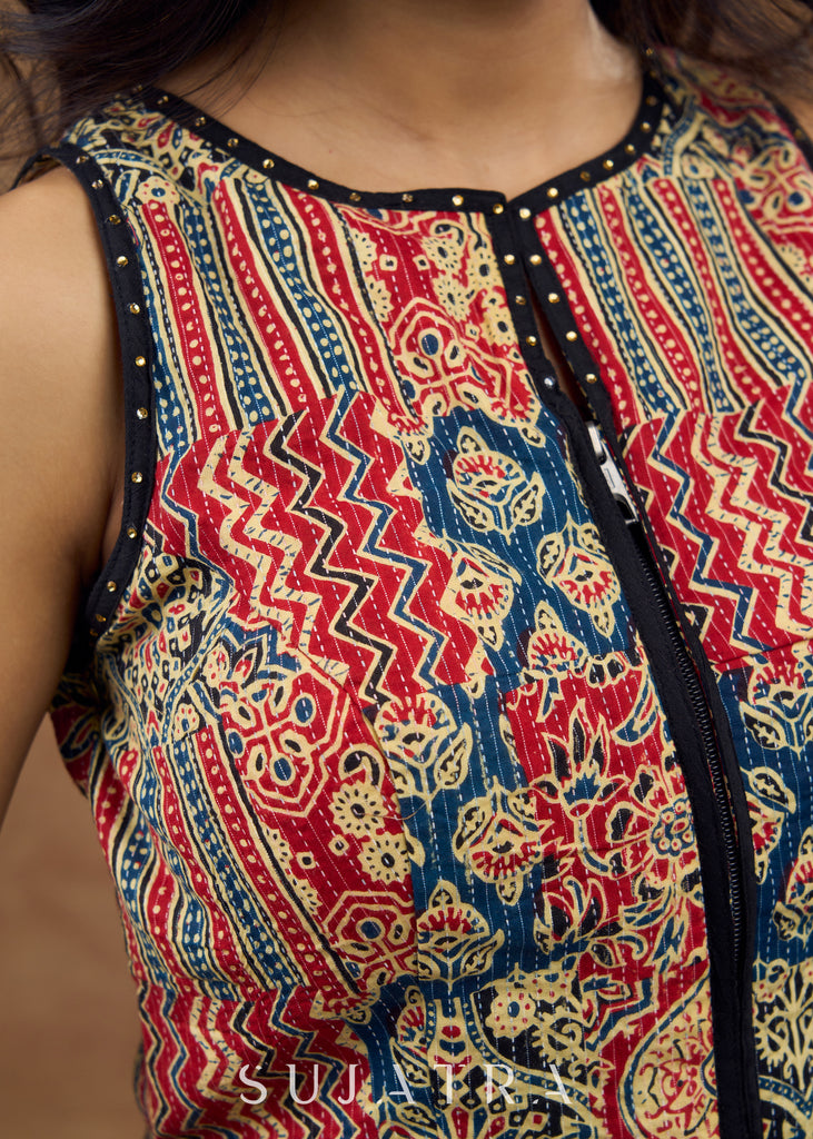 Modern Kantha sleeveless blouse featuring a statement front zipper & delicate stone work