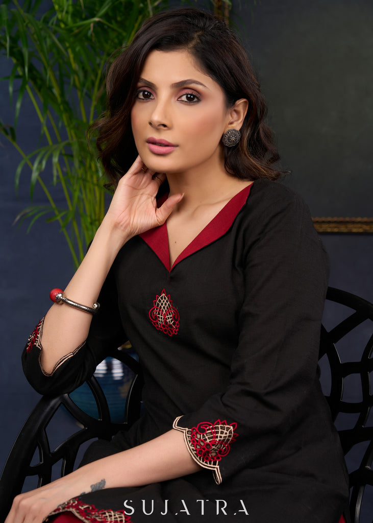 Rich Black Cotton Silk Tunic With Exclusive Cut Work - Pant Optional