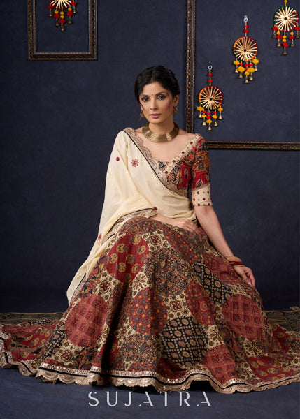 Elegant Maroon Printed Kantha Lehenga With Matching Blouse & Embroidered Dupatta .