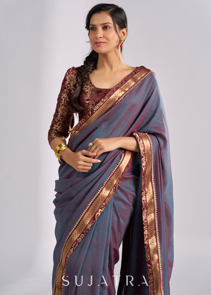 Sophisticated two tone grey cotton saree with Benarasi & zari details