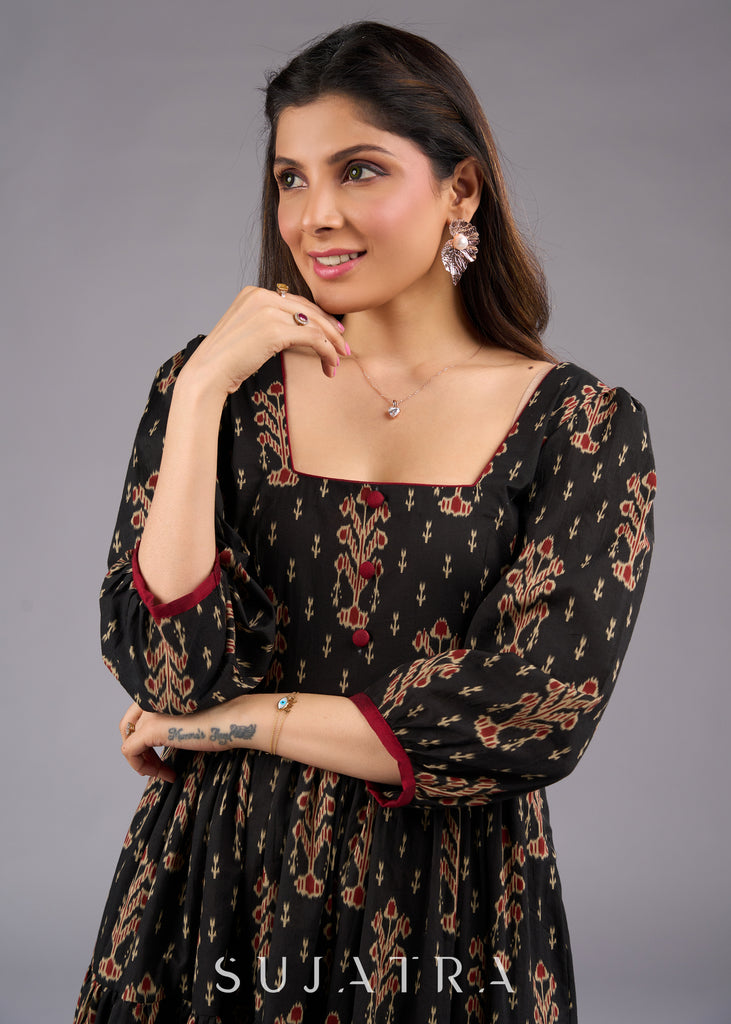 Chique Black Ajrakh Layered Square Neckline Dress