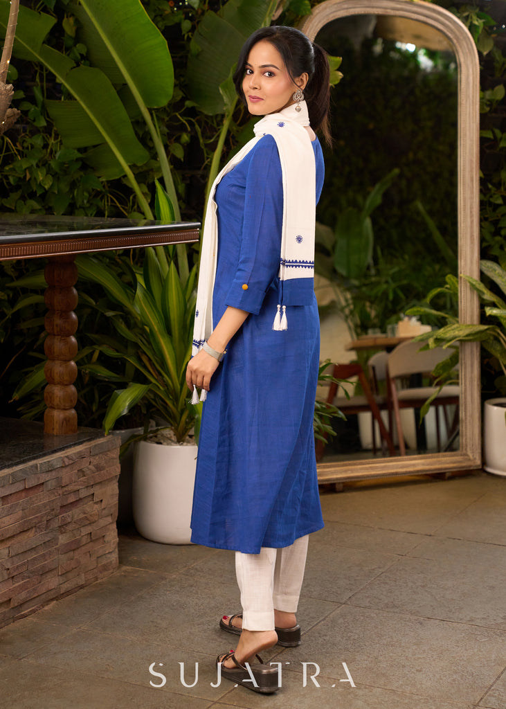 Royal Blue Cotton Kurta with Thread Works on Yoke with Pant - Stole Optional