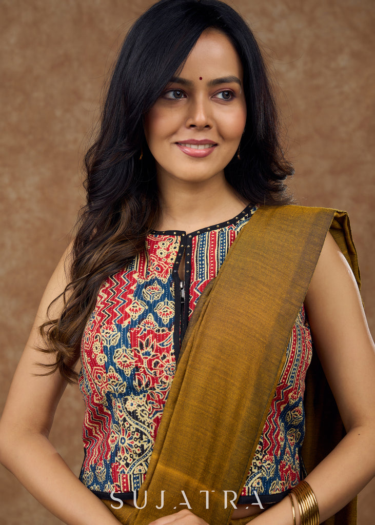 Modern Kantha sleeveless blouse featuring a statement front zipper & delicate stone work