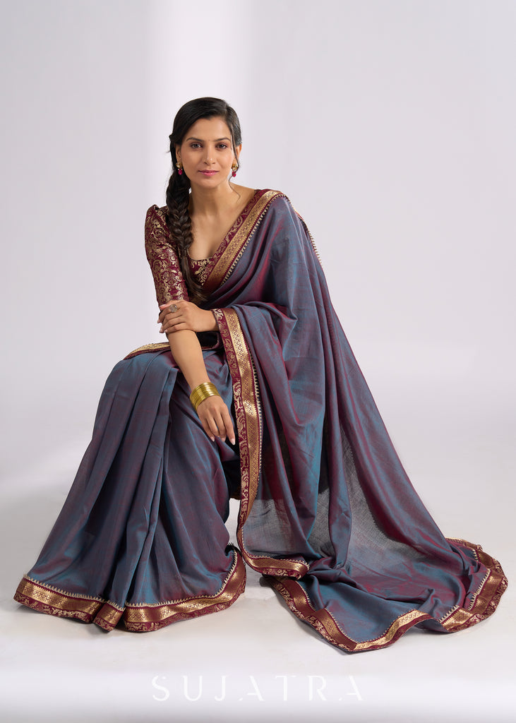 Sophisticated two tone grey cotton saree with Benarasi & zari details