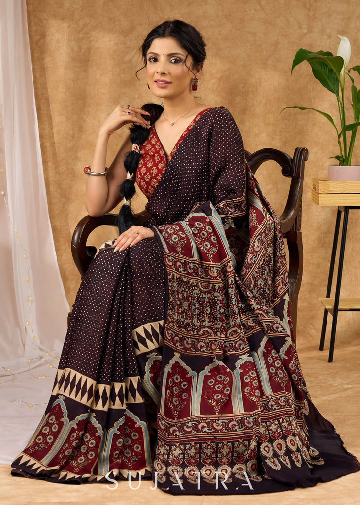 Timeless Modal Silk Ajrakh Hand Block Printed Black Saree