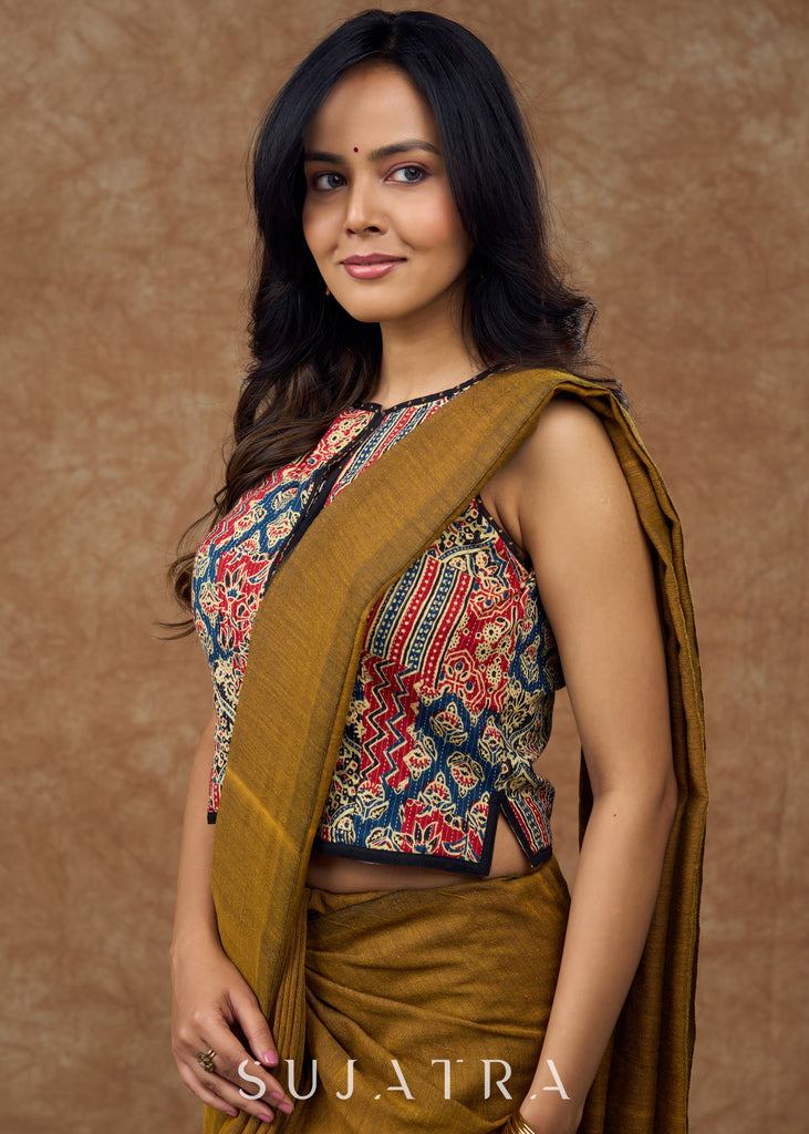 Modern Kantha sleeveless blouse featuring a statement front zipper & delicate stone work