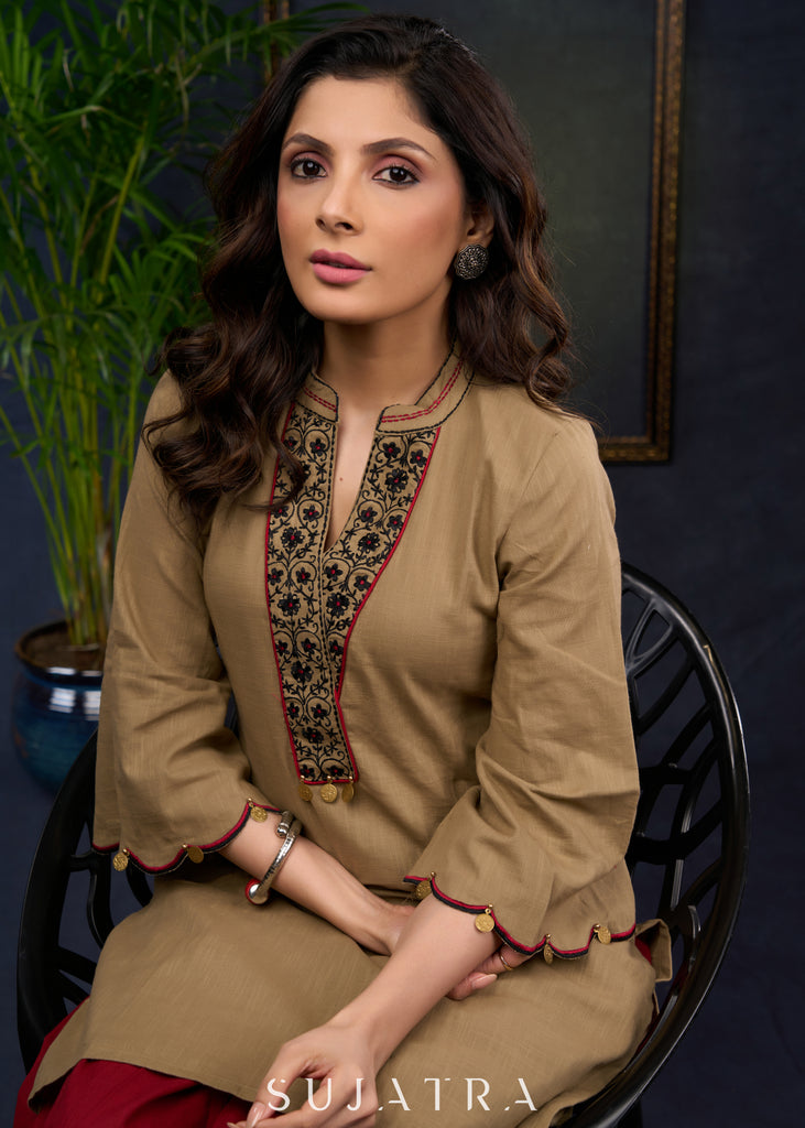 Dark Beige Cotton Tunic With Floral Embroidery And Elegant Cut-Work Sleeves - Pant Optional