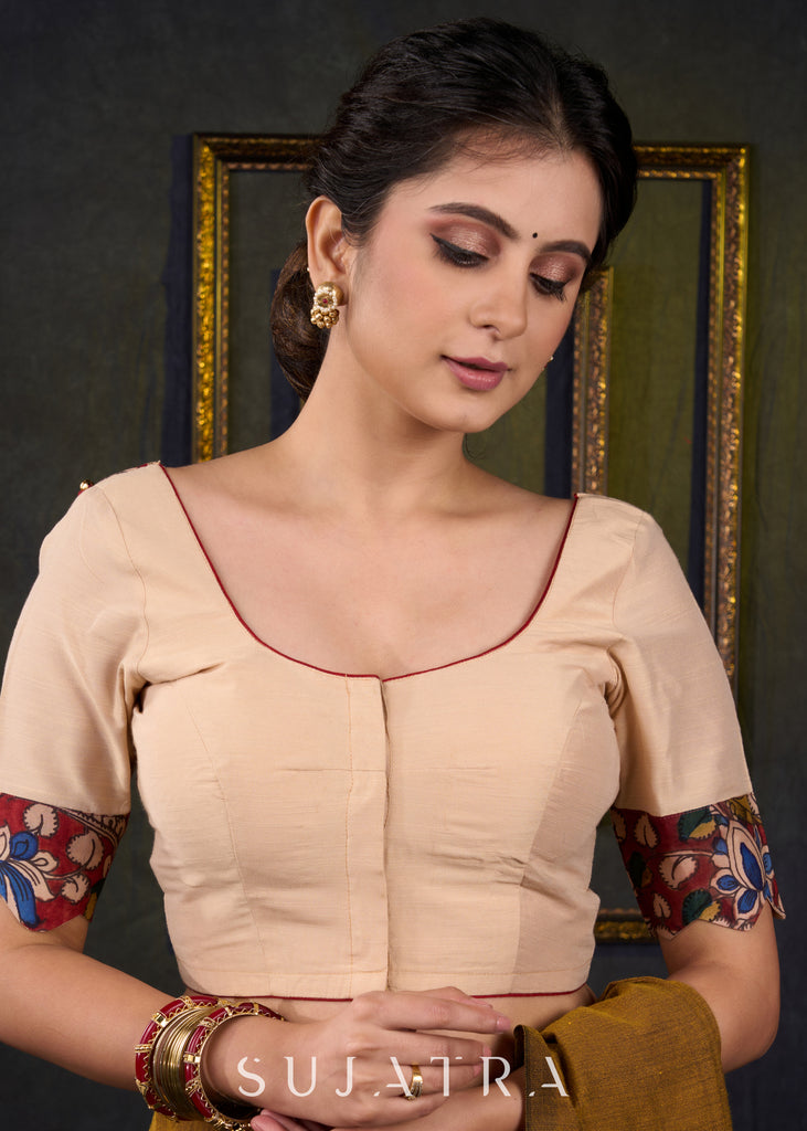 Elegant Beige Cotton Silk Kalamkari Blouse