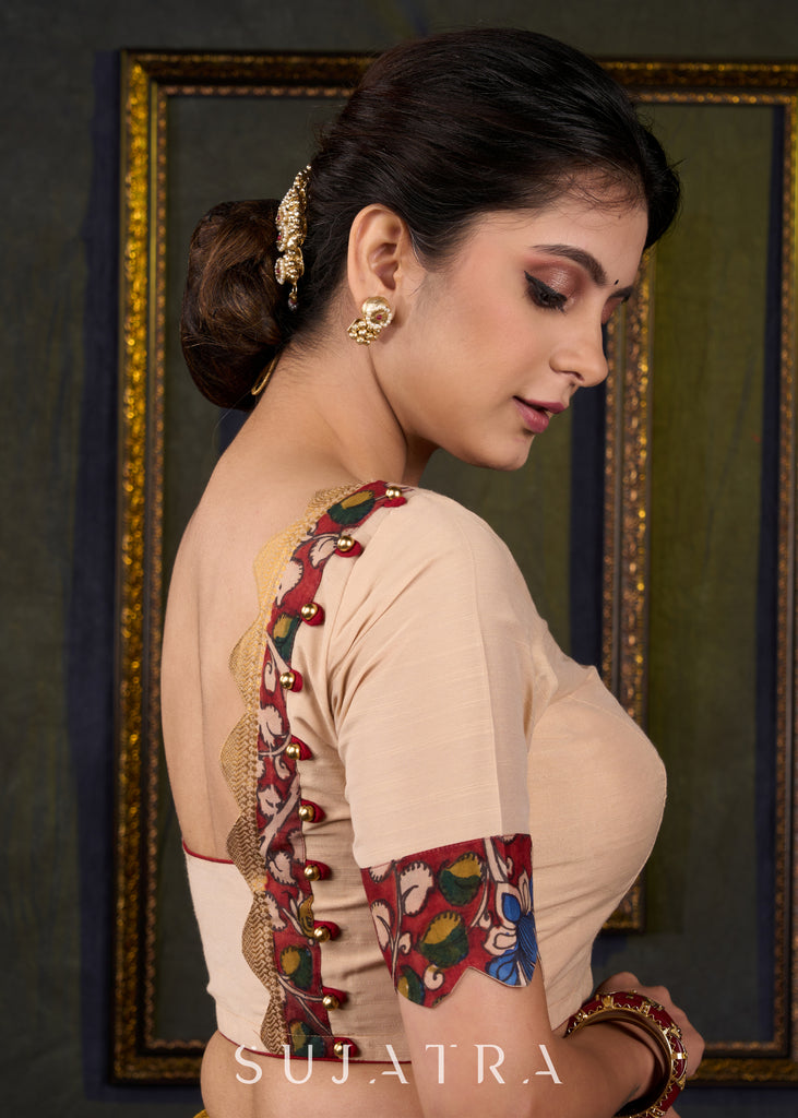 Elegant Beige Cotton Silk Kalamkari Blouse