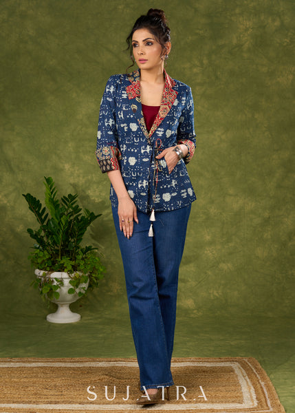 Chic navy blue Kantha jacket with contrasting collar for a “stylish twist” - Inner Optional