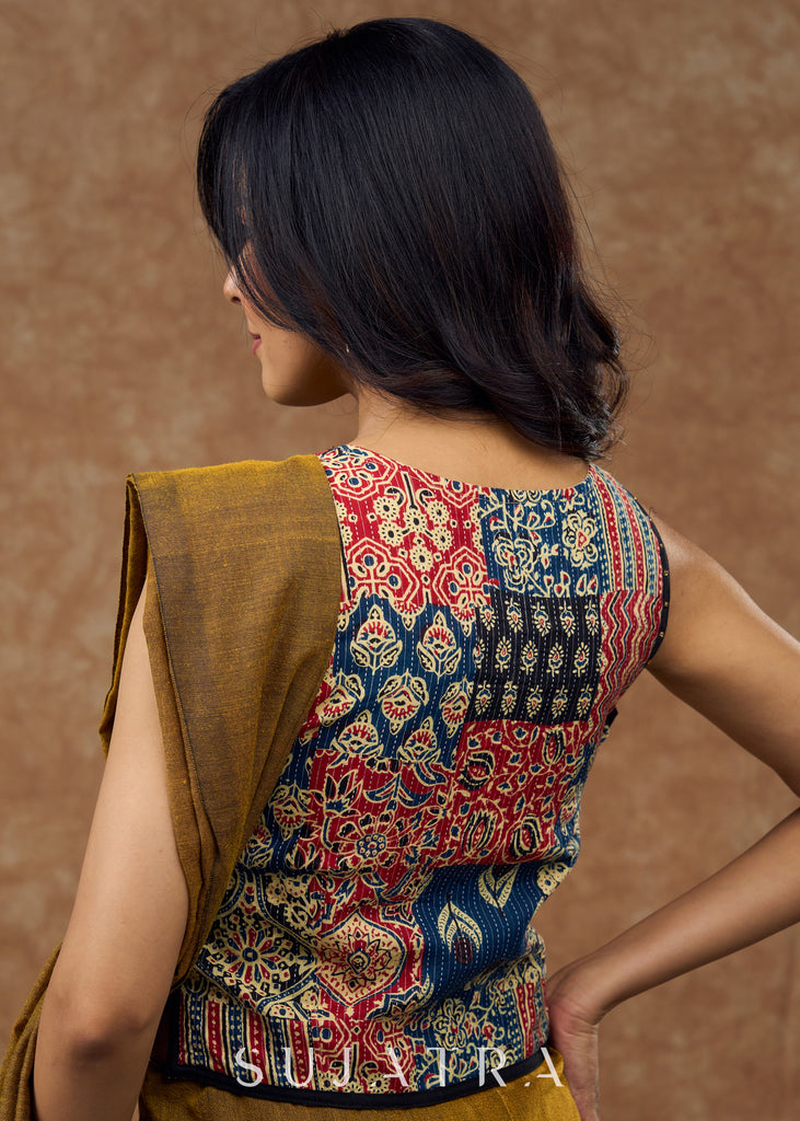 Modern Kantha sleeveless blouse featuring a statement front zipper & delicate stone work