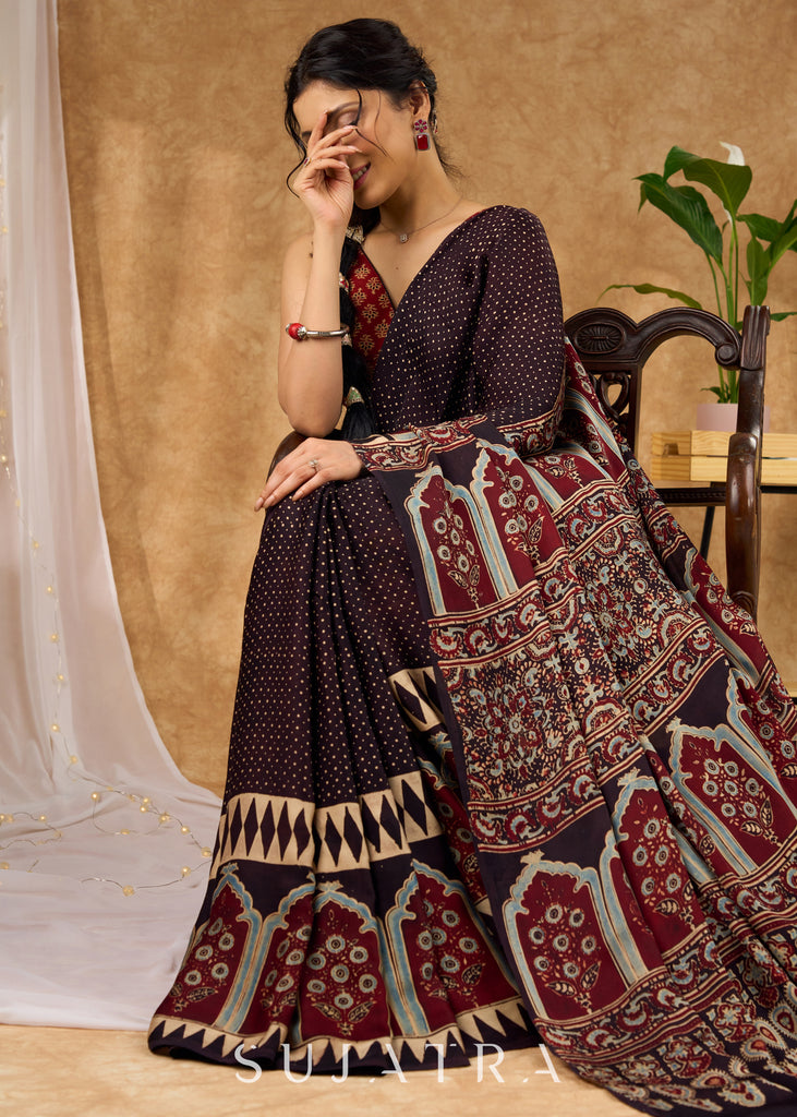 Timeless Modal Silk Ajrakh Hand Block Printed Black Saree