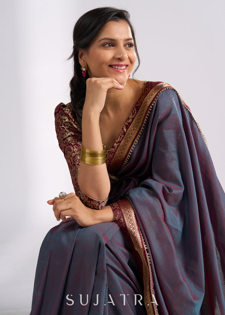 Sophisticated two tone grey cotton saree with Benarasi & zari details