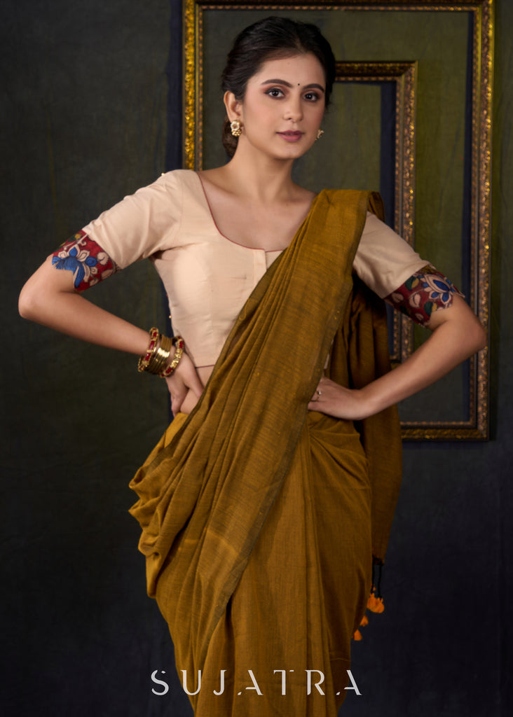 Elegant Beige Cotton Silk Kalamkari Blouse