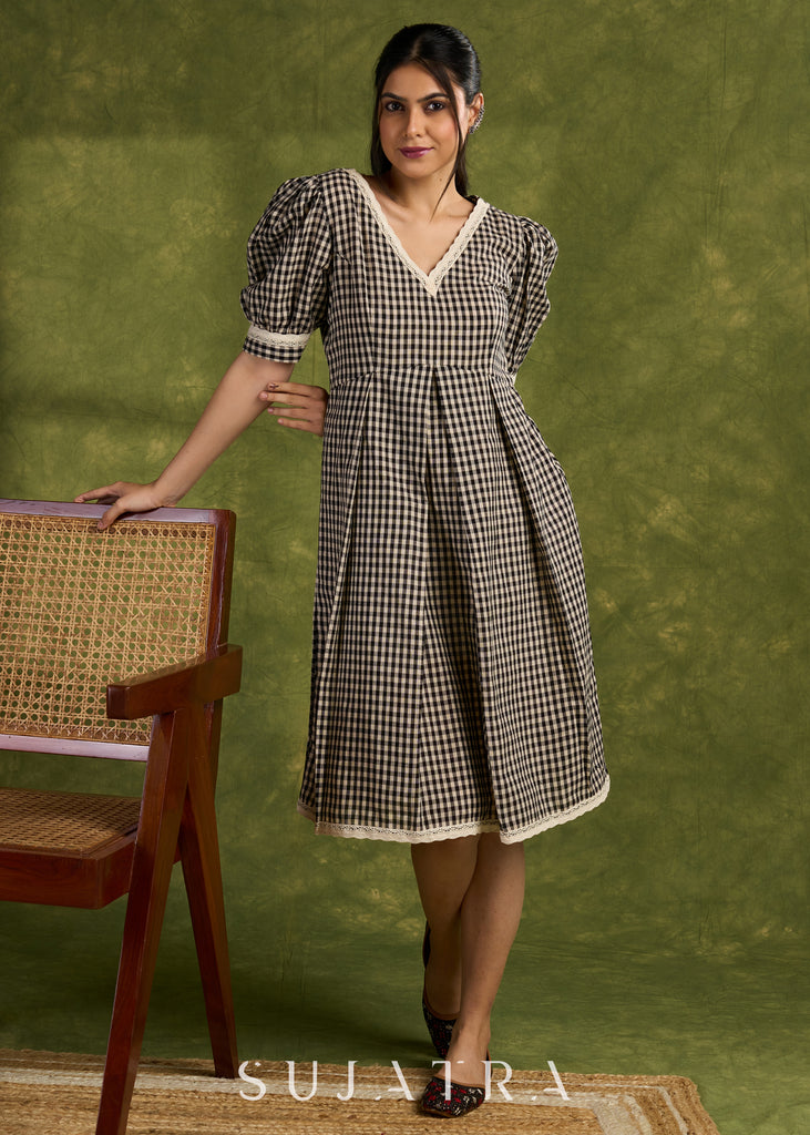 Chequered Cotton V Neck Cotton Dress With Lace Accents