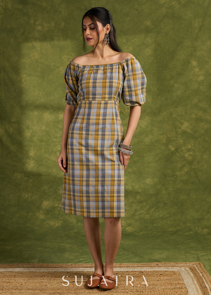 Classic Plaid Design Cotton Dress. Retro Vibes With An Off-Shoulder Design