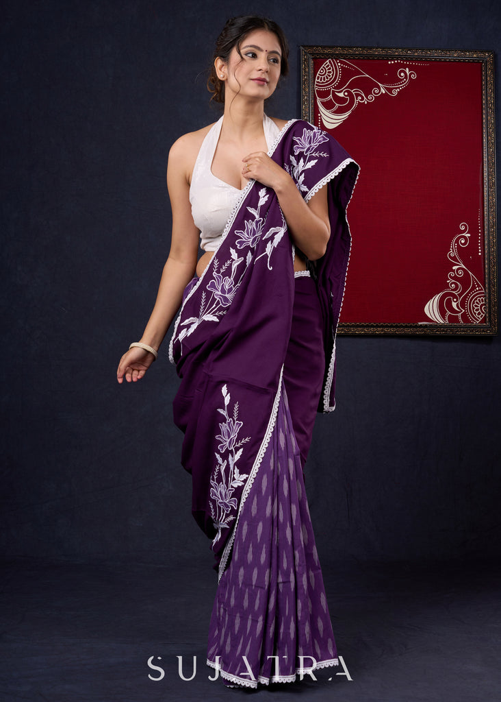 Exclusive Purple Rayon & Ikat Combination saree with Ornate embroidery & Lace border