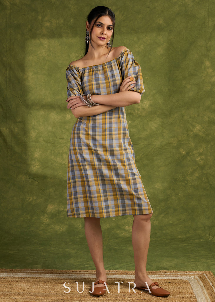 Classic Plaid Design Cotton Dress. Retro Vibes With An Off-Shoulder Design