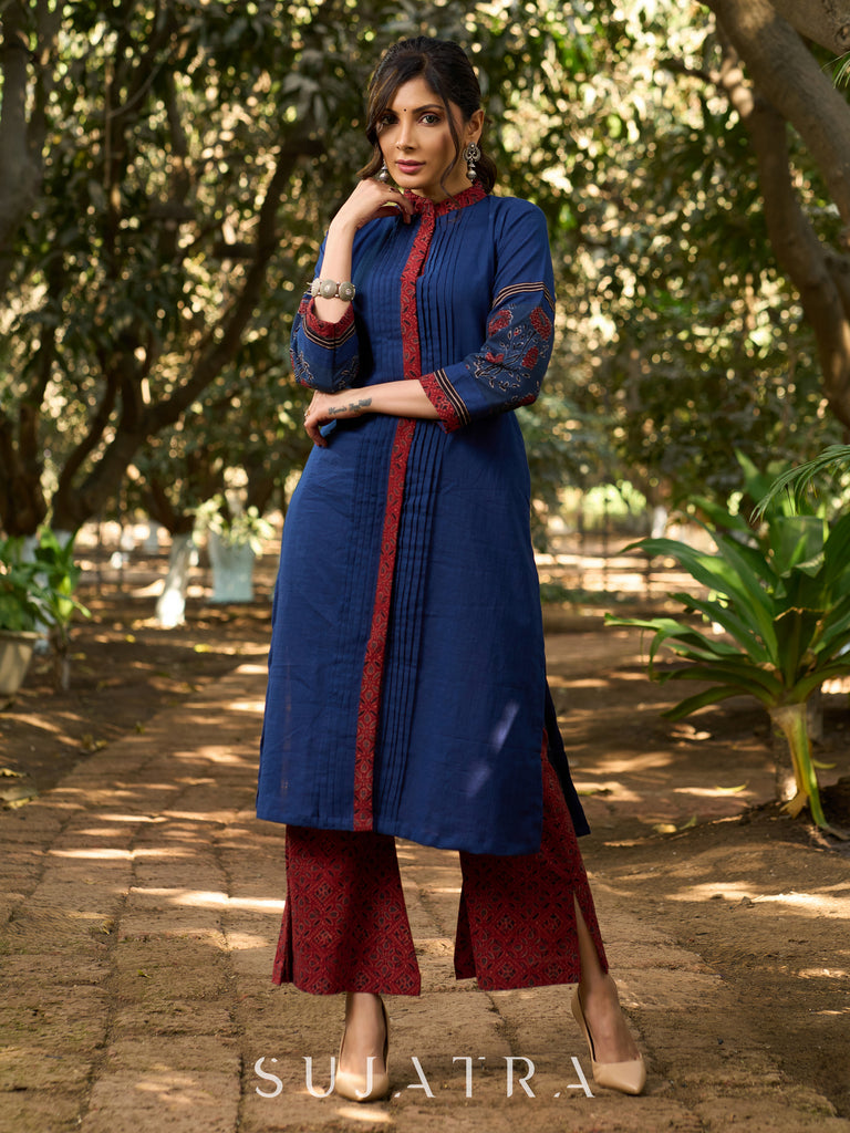 Handcrafted Cotton Kurta with Pin-Tucks, Ajrakh Placket & Floral Embroidered Sleeves in Indigo elegance