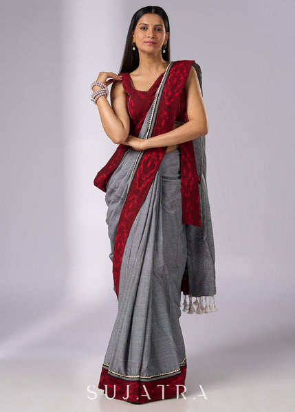 Elegant grey cotton saree with maroon Ikat borders