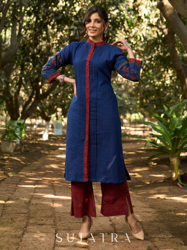 Handcrafted Cotton Kurta with Pin-Tucks, Ajrakh Placket & Floral Embroidered Sleeves in Indigo elegance