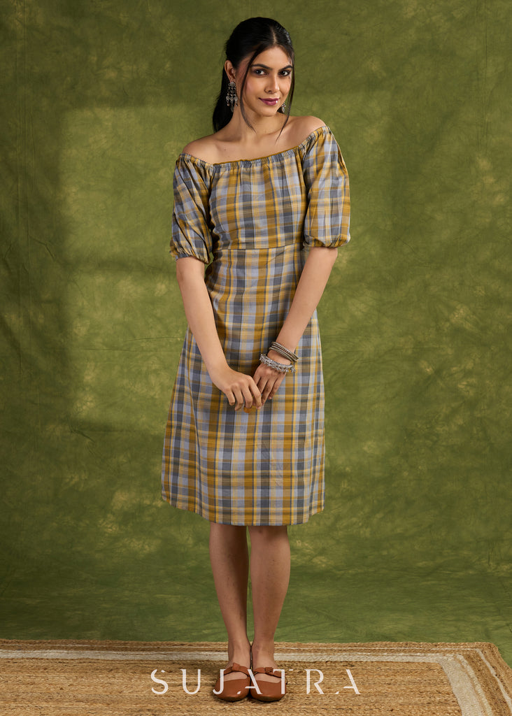 Classic Plaid Design Cotton Dress. Retro Vibes With An Off-Shoulder Design