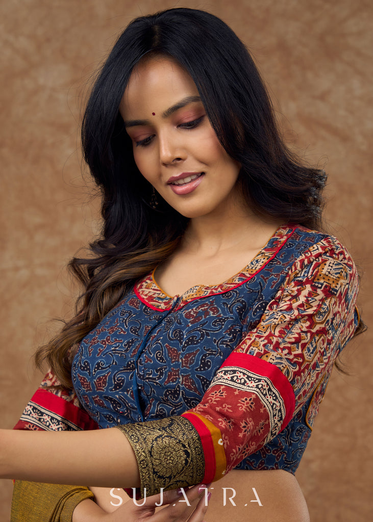 Timeless elegance : Blue Ajrakh blouse with intricate kalamkari , Ajrakh & brocade details  - true masterpiece of traditional craftsmanship