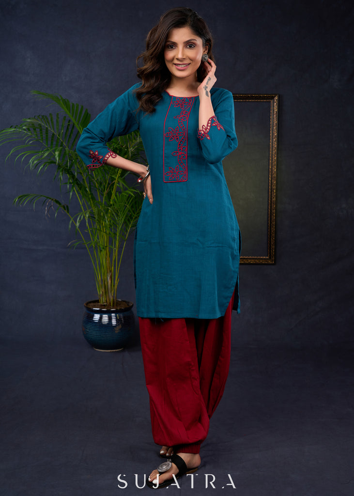 Teal Trendy Tunic With Intricate Cut Work - Pant Optional