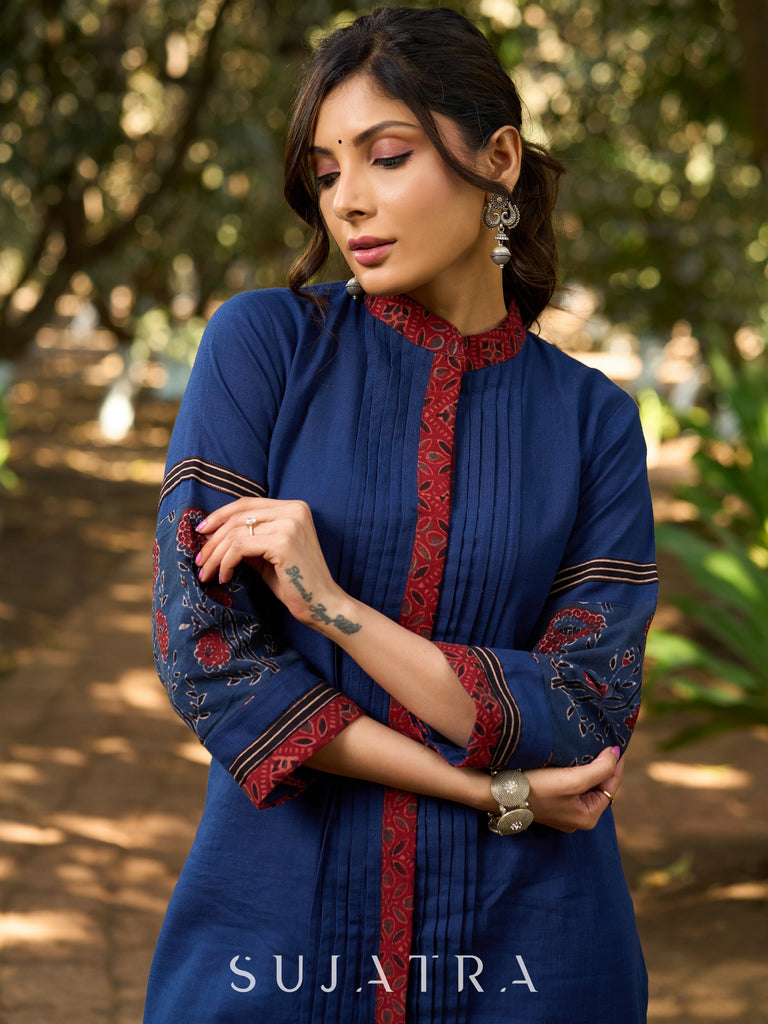 Handcrafted Cotton Kurta with Pin-Tucks, Ajrakh Placket & Floral Embroidered Sleeves in Indigo elegance